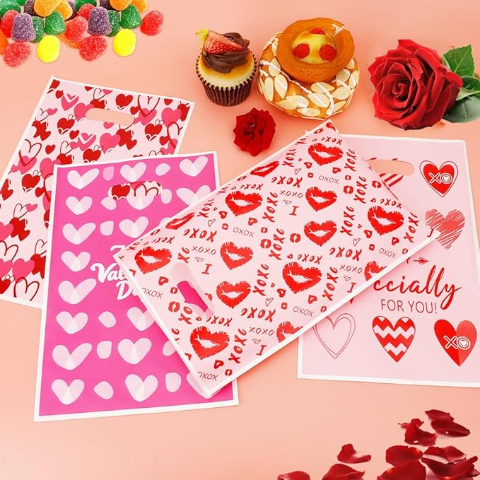 Valentines Treat Bags, 50 PCS Valentines Gift Bags with Handles, 7x10 Inch Plastic Happy Valentine's Day Goodie Cookie Candy Bag for Valentine's Day Wedding Anniversary Engagement Party Favor Supplies