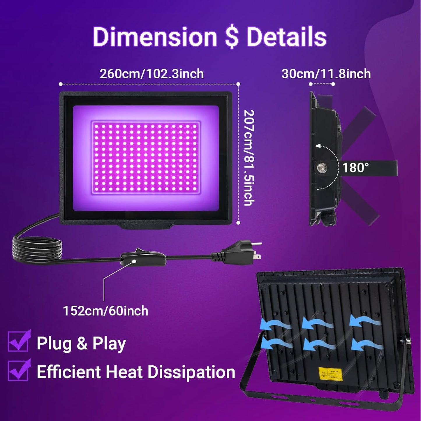 2 Pack 120W LED Black Lights, IP66 Waterproof Blacklight Flood Lights with Plug & Switch, UV Lighting for Halloween Party, Glow in The Dark, Body Paint, Stage & Neon Glow Deco