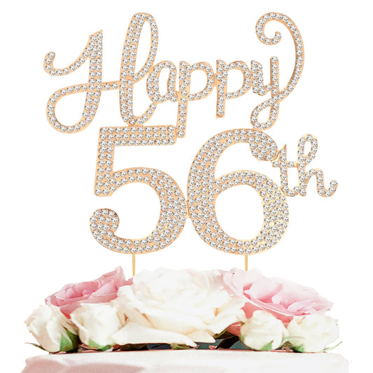 Happy 56th Birthday Decorations,56th Birthday Gold Rhinestone Cake Topper - Cheers to 56 Years Old Bday Party Metal Sparkly Cake Centerpieces Sign.