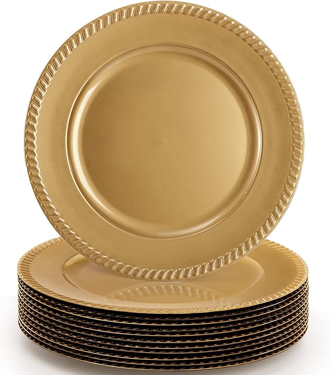 Suwimut 12 Pack Plastic Gold Charger Plates, 13 Inch Reusable Round Beaded Charger Plates, Decorative Dinner Chargers Bulk Serving Plate for Wedding, Party, Catering Event, Tabletop Decor