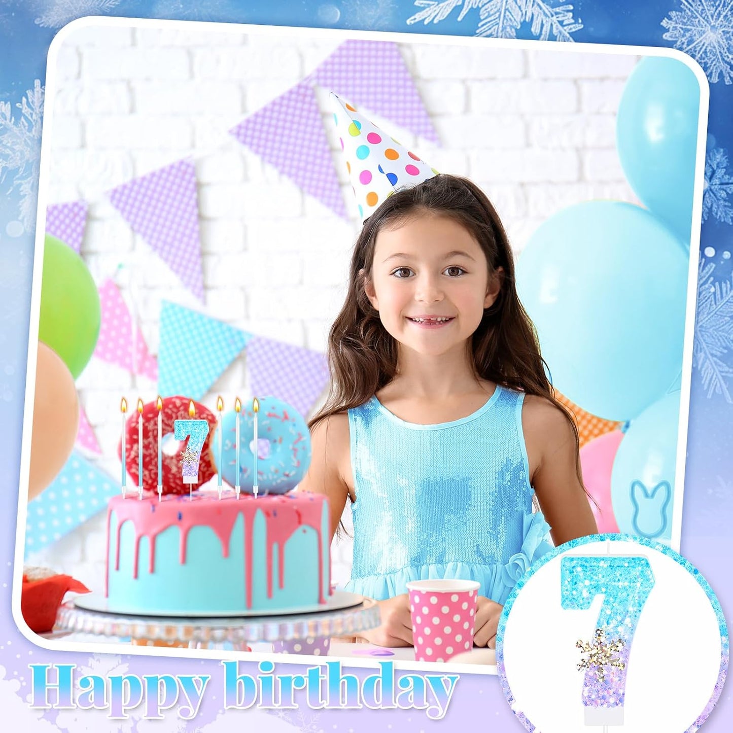 MTLEE Number 7 Birthday Candle Blue Snowflake with 6 Long Thin Cupcake Candles Blue Sparklers Glitter Number Happy Birthday Cake Topper Decorations for Winter Party Supplies