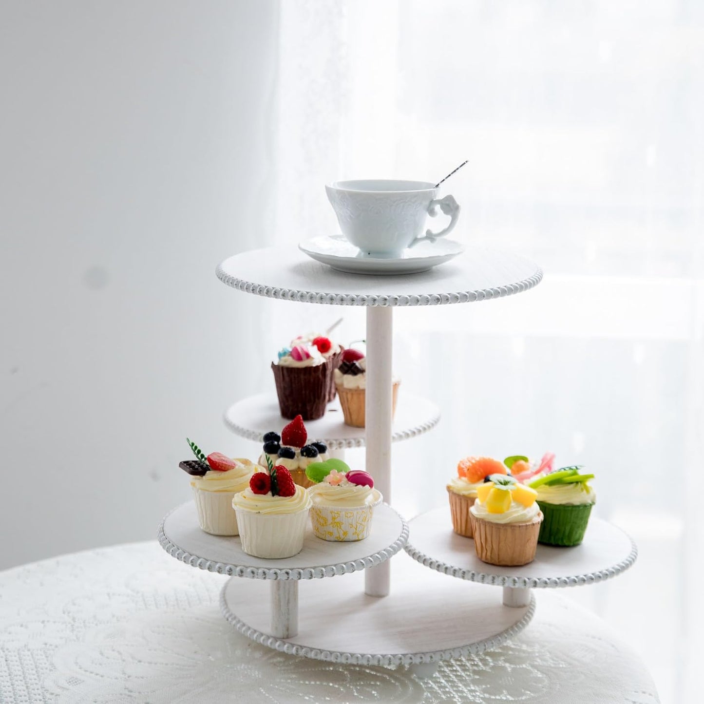4 Tiered Beaded Cake and Cupcake Stand, Rustic Wooden Cupcake Tower Stands for 50 Cupcakes, White Cupcake Tier Stand Display for Birthday Wedding Baby Shower Tea Party Decor