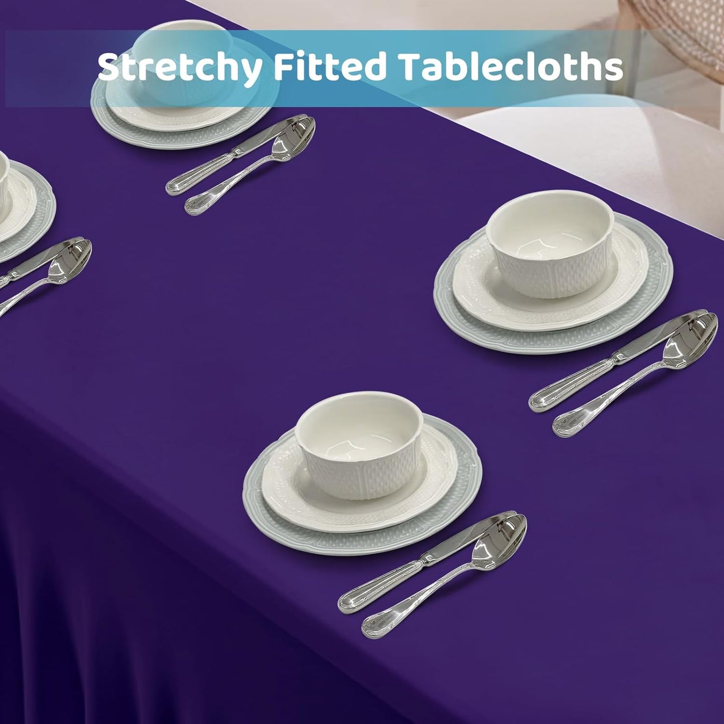 Table Skirts for 8ft Rectangle Tables - 2PCS Purple Table Covers for 8 Foot Tables, Wrinkle Resistant Ruffles Elastic Table Cloths and Table Skirt for Banquets/Weddings/Parties/Birthday