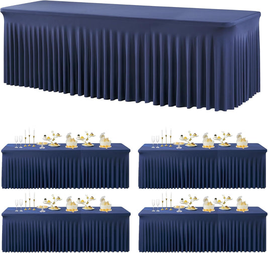 4 Pack Spandex Navy Blue Tablecloths for 8 Foot Rectangle Tables, Fitted Table Cloth 8ft Stretchy Tablecover Skirt for Parties Weddings Birthday Banquet Baby Shower