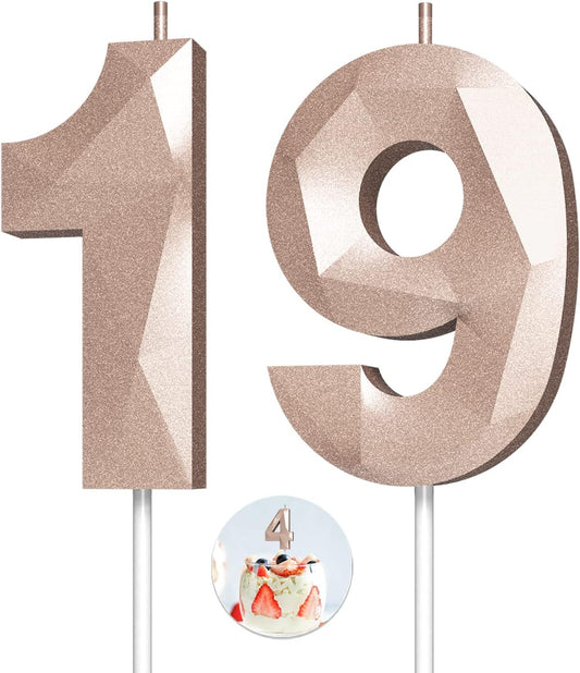 Number Birthday Candles(19 Candle Rose Gold) 3D Diamond Shape Number Happy Birthday Cake Candles for Birthday Party Wedding Decoration Reunions Theme Party