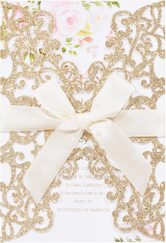 50Pcs Glitter Floral Laser Cut Wedding Invitation Cards with Envelope Blank Inner Sheet and Ribbon for Wedding Engagement Bridal Shower Party Invite(7.09 X 4.92inch, Rose Gold)