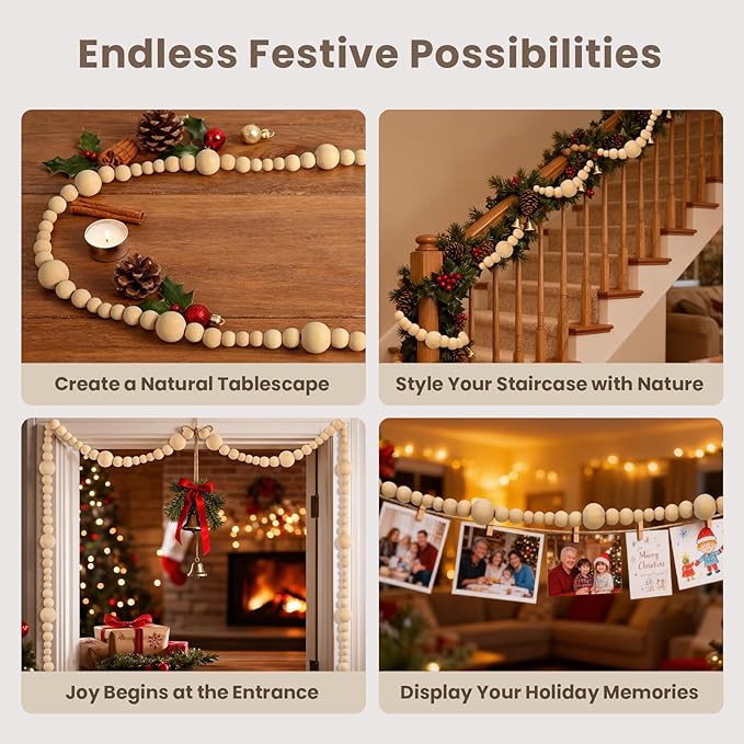 2PCS Christmas Wood Beads Garland 24 Feet Wooden Bead Garland Boho Ornaments for Christmas Tree, Xmas Vintage Rustic Farmhouse Round Craft Bead Hanging Holiday Decorations(12 Feet/1Pcs)