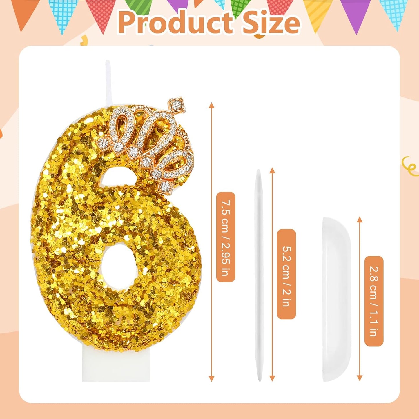 Gold Birthday Candle Crown Number 6 Candle with Sequins Cake Candles Cupcake Decorations Party Decor for Anniversary Celebrations Supplies