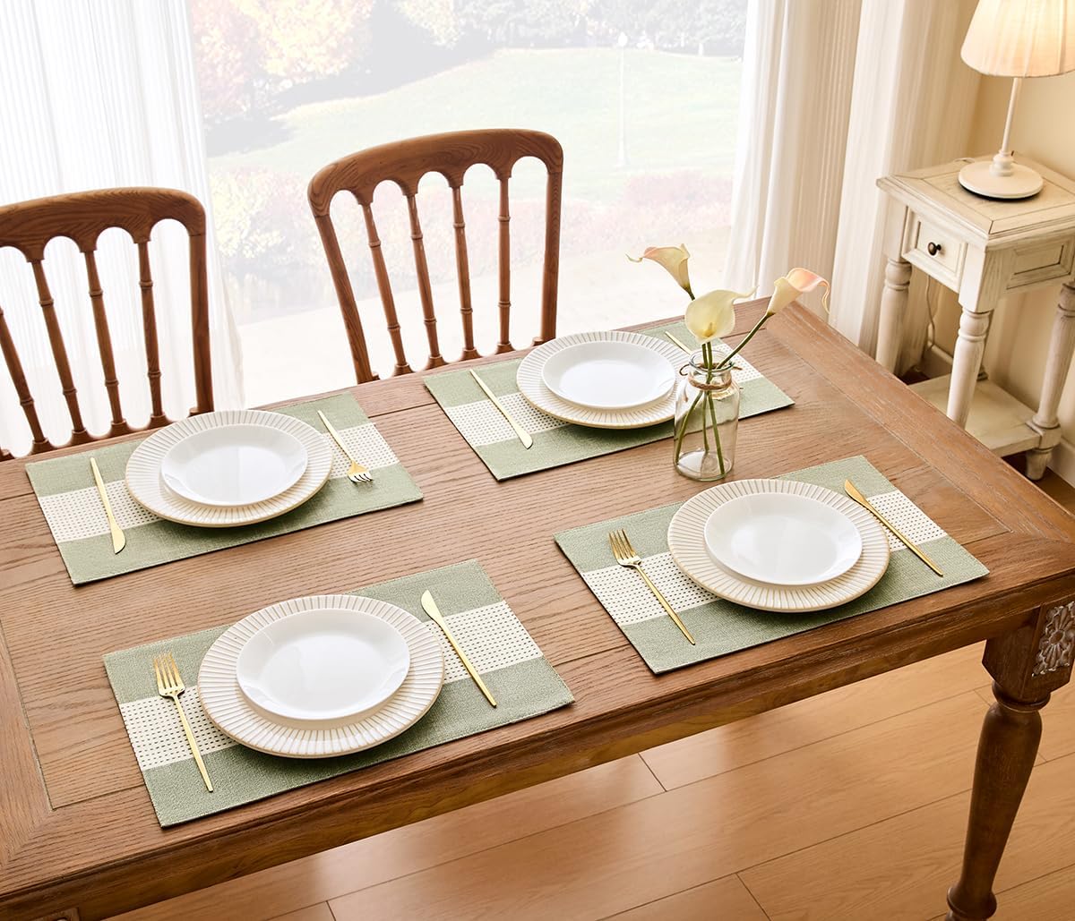 Wracra Linen Placemats, 12 x 18 Inch Set of 6 Placemats, Farmhouse Macrame Place Mats for Kitchen Table and Heat Resistant-Hemstitch Sage Green 6PCS
