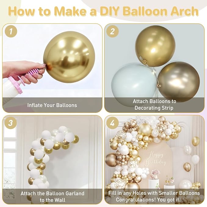 White and Gold Balloon Garland Arch Kit, 167Pcs Metallic Champagne Gold Pearl White Gold Confetti Balloons for Engagement Wedding Baptism Birthday Anniversary Party Decoration