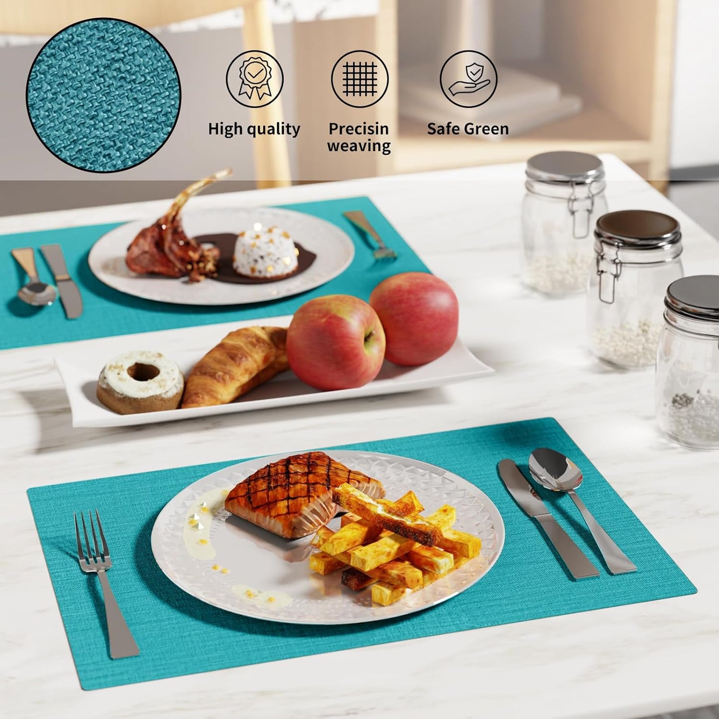 Cloth Placemats, Set of 6 Heat-Resistant Cotton Linen Blend Double Layered Machine Washable Place Mats, Wrinkle Free Thick Fabric Dining Table Mats for Indoors & Outdoors (Teal, 6)