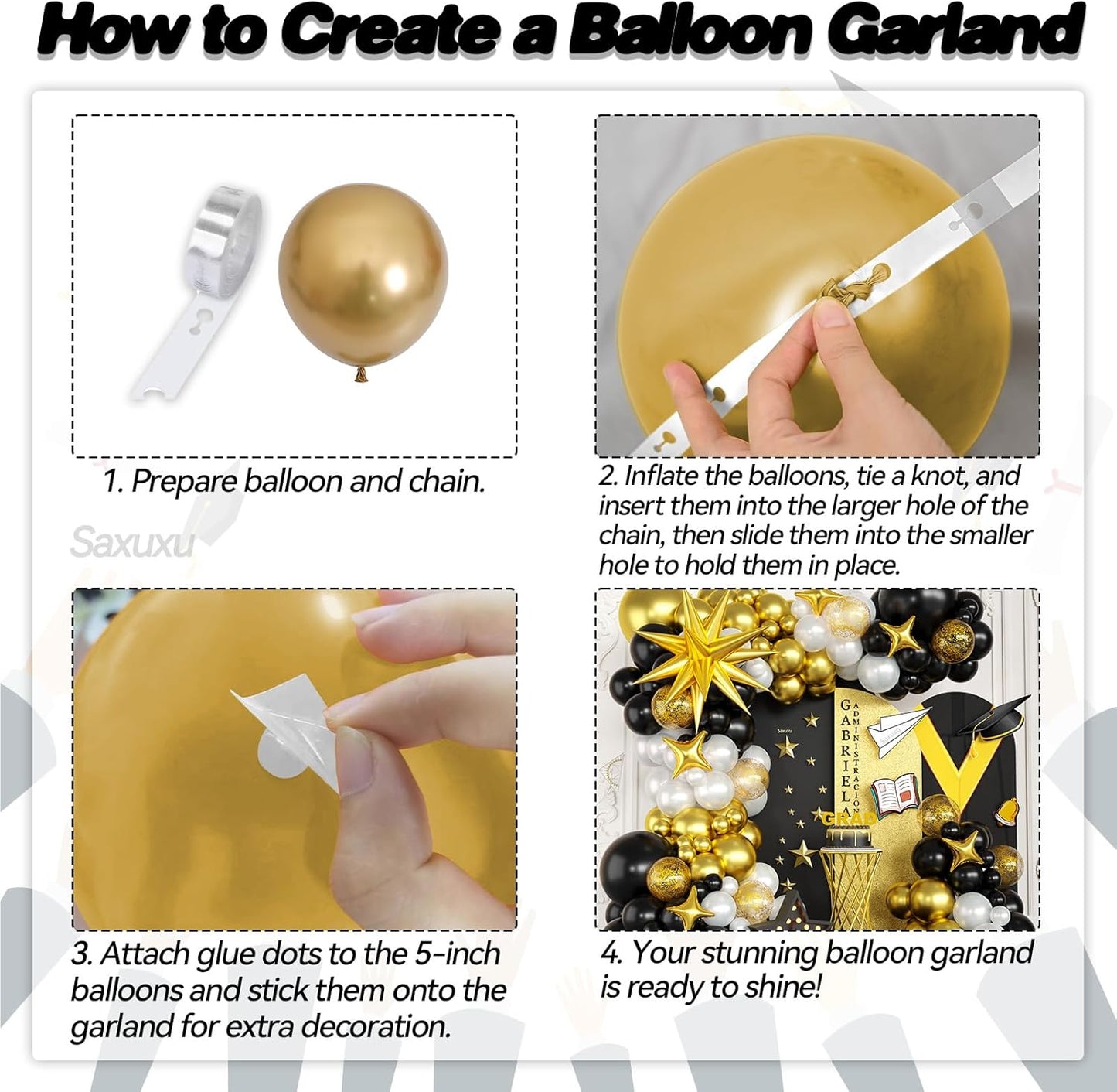 Black and Gold Balloon Arch Kit, Black White Gold Balloons Garland Kit, Star Foil Balloons, Confetti Balloon For Graduation Birthday New Year Retirement Party Wedding Baby Shower Decorations