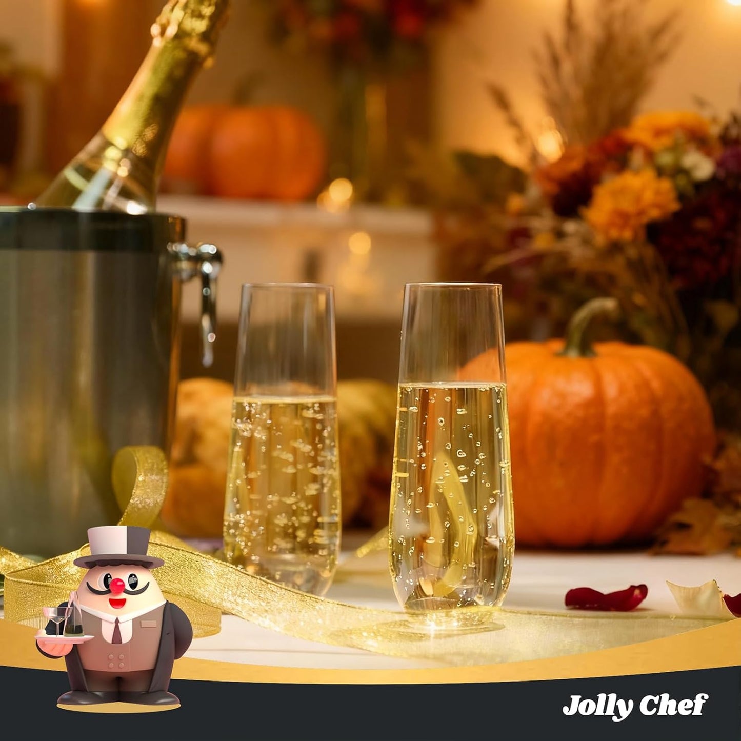 JOLLY CHEF 36 Pack Stemless Plastic Champagne Flutes 9 oz, Crystal Clear Stemless Plastic Toasting Glasses, Clear Disposable Unbreakable Drinkware Ideal for Wedding, Birthday, Party