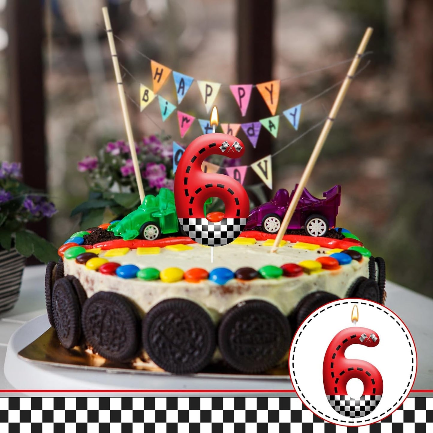 Racing Car Theme Birthday Candle with Checkered Flag Design - Durable Cake Topper for Race Car Party Decorations,Birthday Supplies - Number 6 Candle for Racing Themed Celebrations