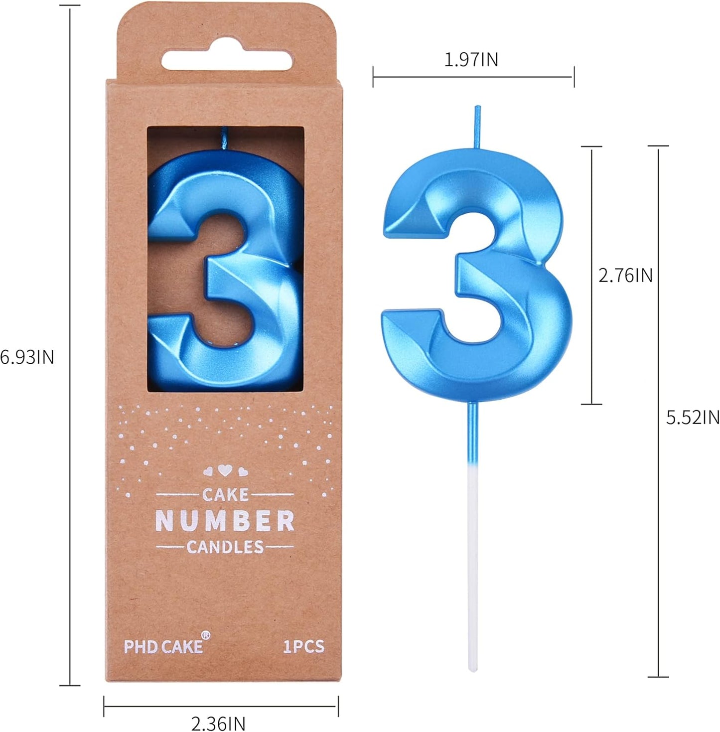 PHD CAKE 2.76 Inch Diamond Blue 3 Number Birthday Candles, Blue Number Candles, Cake Number Candles, Party Celebration