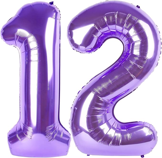 Purple Number 12 Balloon 40 Inch, 12th Birthday Party Decorations for Children, Giant 12 Foil Balloon for Party Supplies