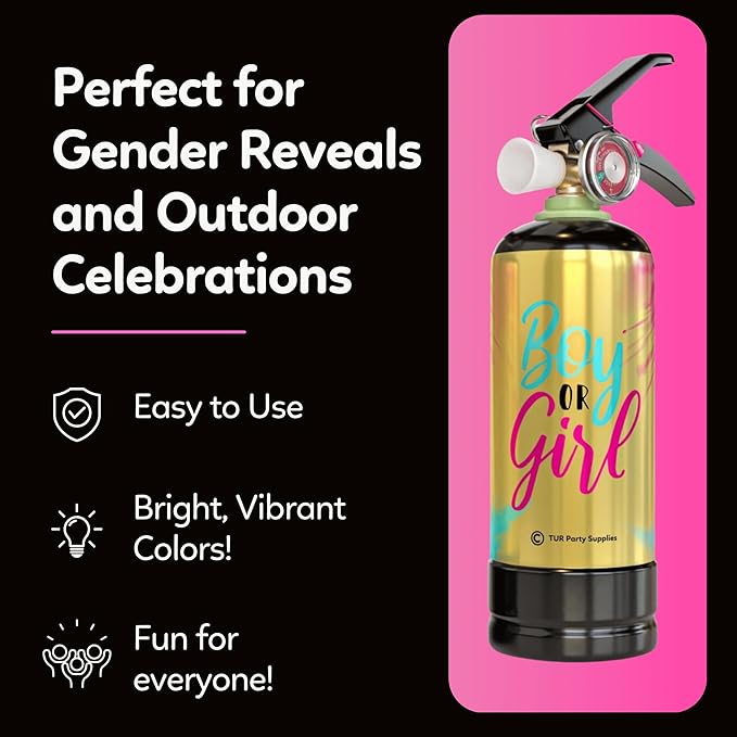 Pink Baby Gender Reveal Fire Extinguisher Smoke Bombs Powder Cannon Gold | 1 Pink | Fireworks Alternative | Biodegradable | Decorations for Photoshoots, Celebrations, Parties | TUR Party Supplies