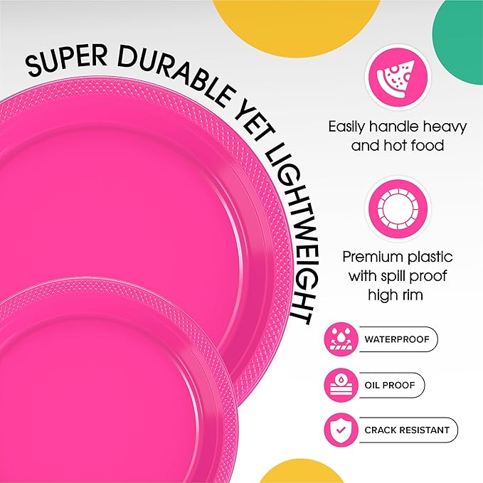 Party Solids Hot Pink Plastic Plates For Party Supplies, Hot Pink Disposable Plates 100 Pieces - 50-7" & 50-9" Heavy Duty 350 GSM Disposable Dinnerware Sets, Plastic Dinnerware Sets