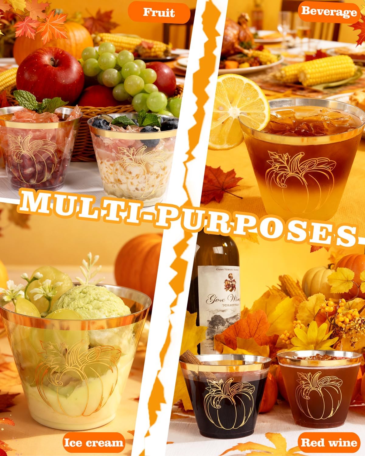 Ciaell 60 PCS Gold Plastic Cups - 9Oz Heavy Duty Plastic Cups - Thanksgiving Disposable Cup - Disposable Clear Wine Cup with Gold Pumpkin for Party & Thanksgiving