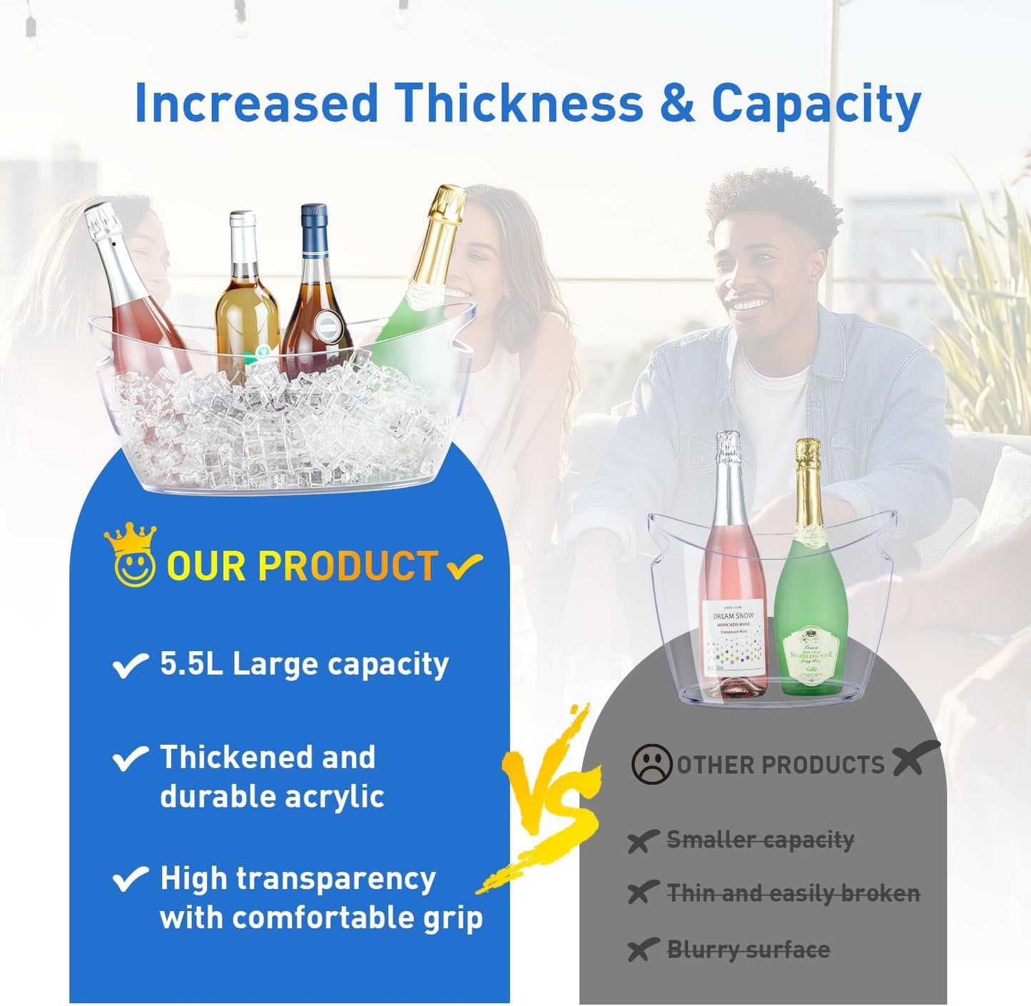 Ice Bucket for Parties, 2PCS Clear Acrylic Beverage Tubs with Scoop & Metal Wine Bottle Opener, 5.5L Large Champagne Wine Beer Cooler Chiller Bin for Cocktail Bar & Mimosa Bar Supplies