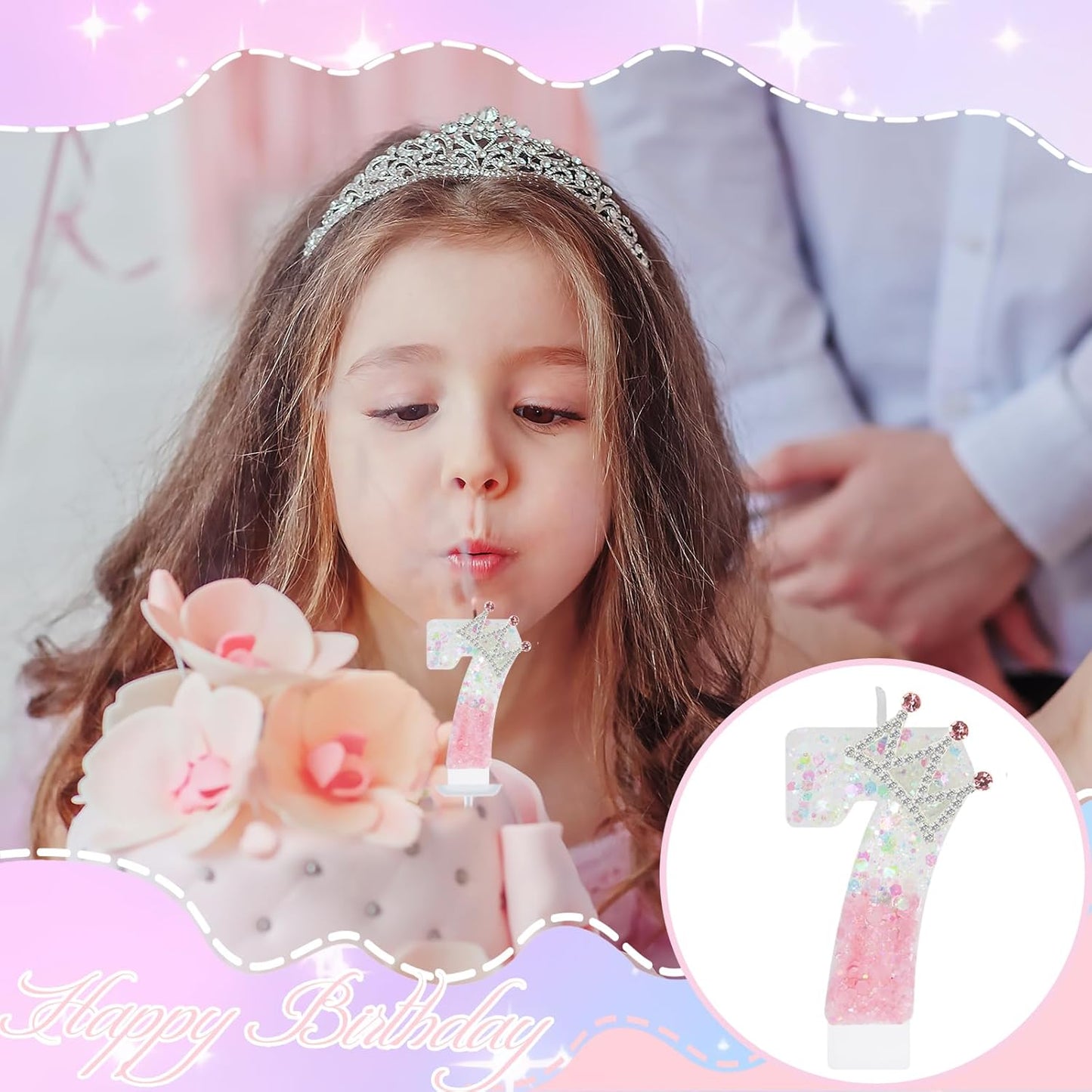 Pink White Number 7 Candle, Glitter Crown Cake Topper, Princess Birthday Party Decorations for Girls and Women Anniversary Celebrations Party Favors