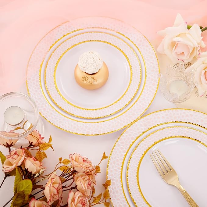 Ciaell 150PCS Pink Plastic Plates – Disposable Pink and Gold Plates Set include 50Plates, 25Forks, 25Knives, 25Spoons, 25Cups for Wedding & Party & Easter