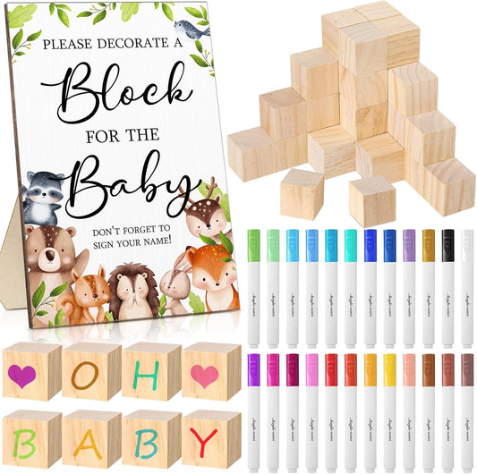 Tatuo 75 Pcs Baby Shower Games Sign Kit Including Decorate a Block Game Sign 50 DIY Wooden Block 24 Acrylic Paint Marker Baby Shower Prize for Gender Reveal Party(Woodland)