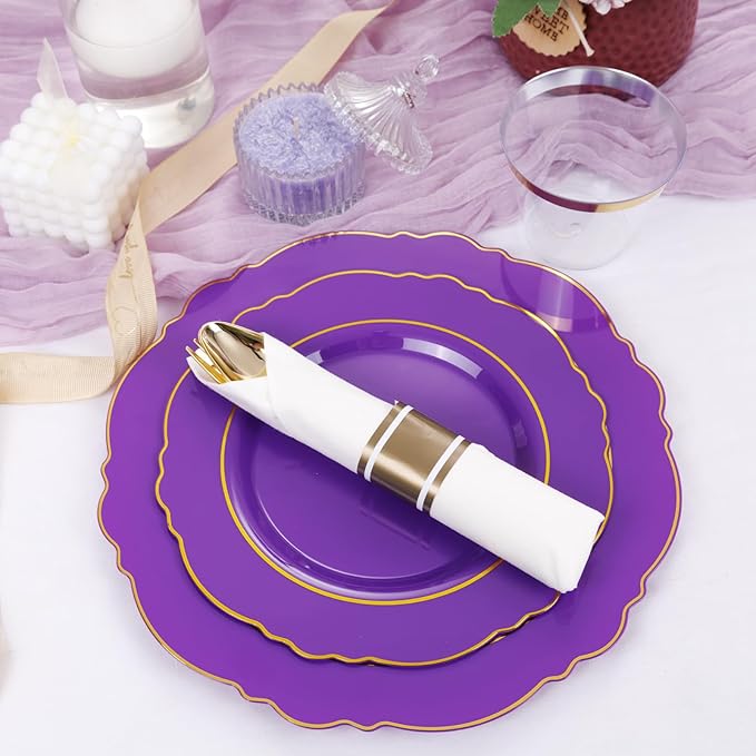 Liacere 175PCS Purple Plastic Plates-Disposable Purple and Gold - 25 guest Baroque Plastic Dinnerware include 50Plates,25Pack Pre Rolled Napkins with Silverware 25Cups for Wedding&Party