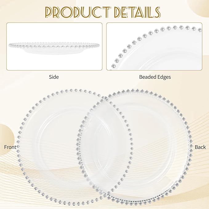 24 PCS Clear Round Charger Plates with Beaded Rim, 13 Inch Plastic Acrylic Plate, Plastic Round Beaded Dinner Decorative Service Plates for Wedding Party Event, Home Kitchen Tabletop(Sliver)