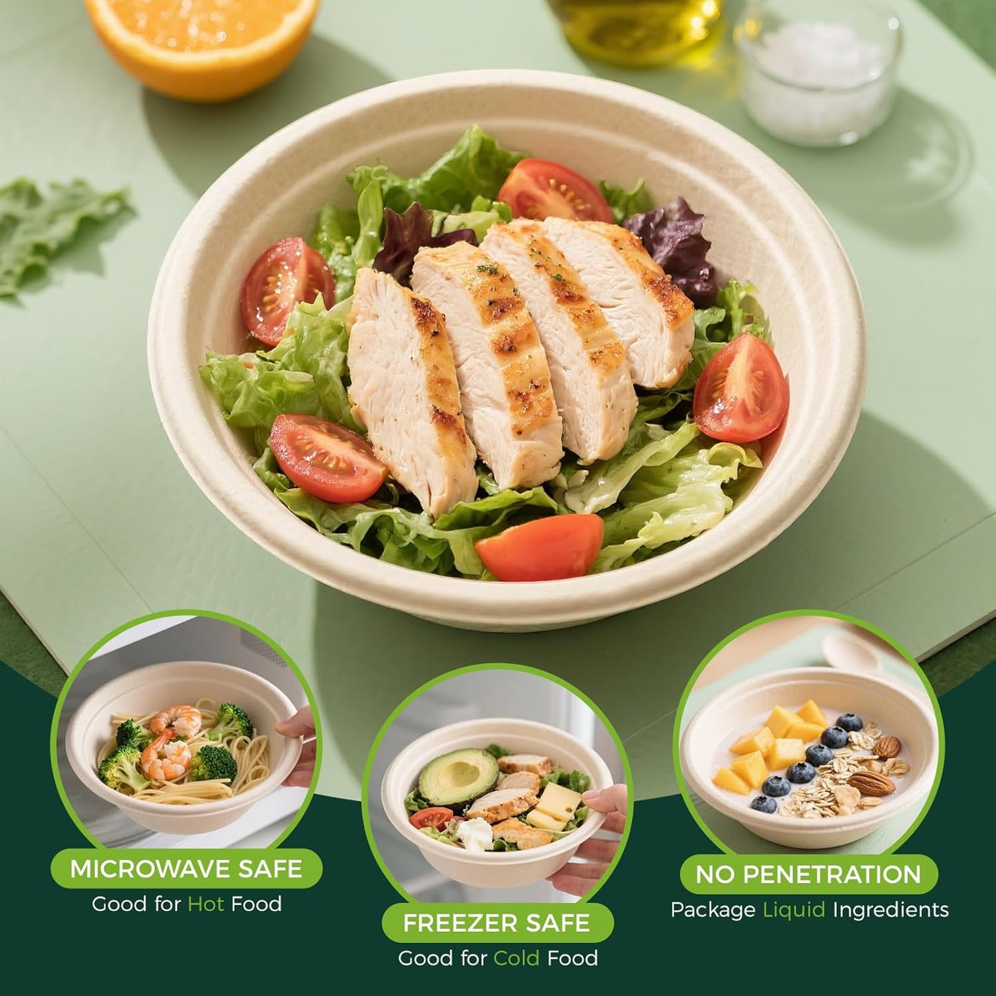 50-Pack 48oz Round Disposable Bowls with Lids - 100% Sugarcane Fiber, Paper Round Bowls for Soup, Salad, Ramen, Popcorn