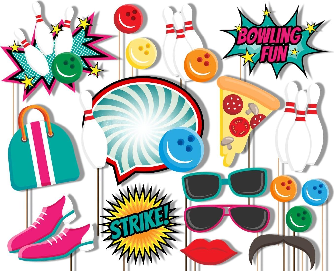 Bowling Fun Photo Booth Props Kit - 20 Pack Party Camera Props Fully Assembled