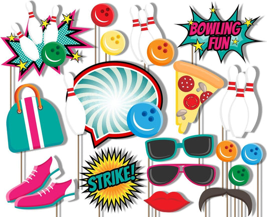 Bowling Fun Photo Booth Props Kit - 20 Pack Party Camera Props Fully Assembled