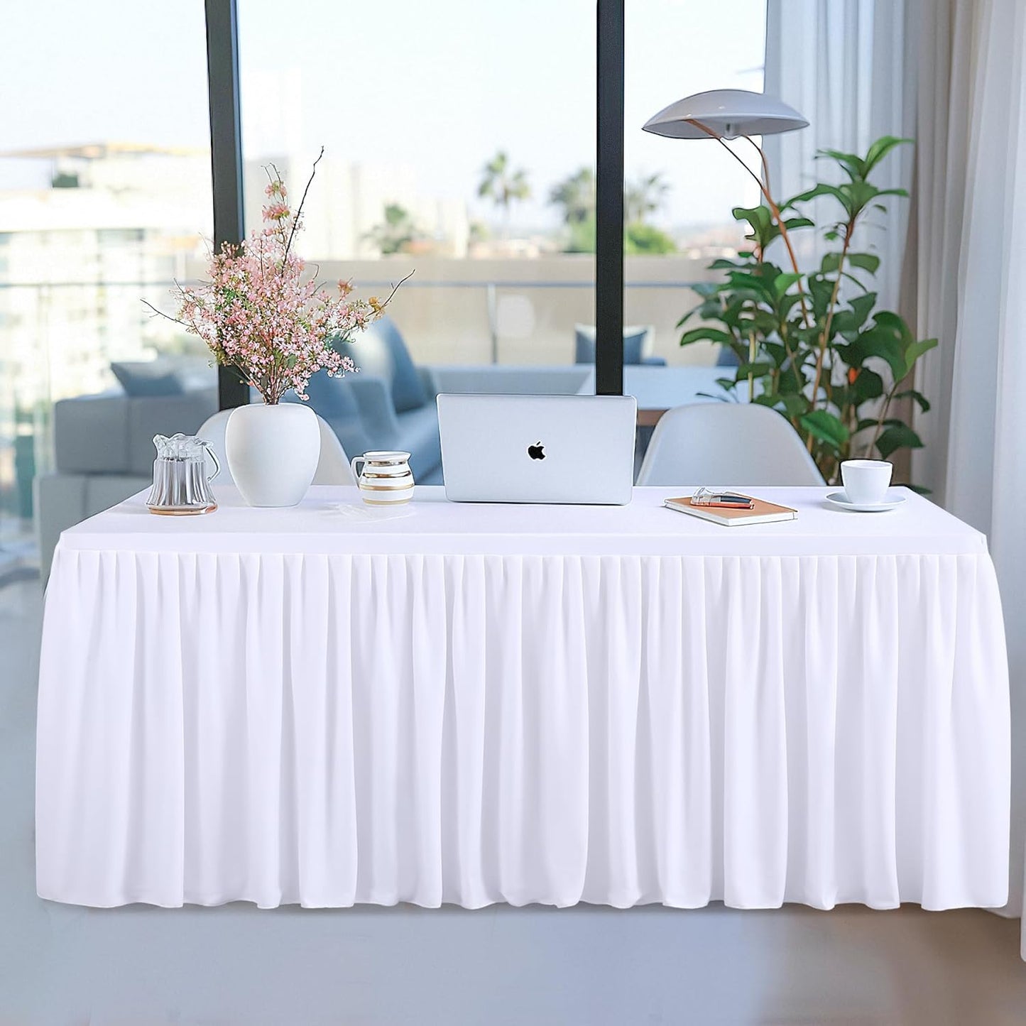 White Polyester Table Clothes for 4 Foot Rectangle Tables, Wrinkle Free Fitted Table Cover 4ft Stretch Tablecloths with Skirt for Parties Weddings Birthday Banquet Baby Shower