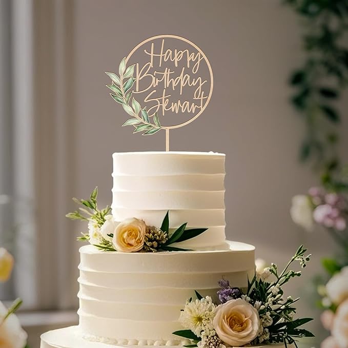 Birthday Cake Topper Custom Name with Green Leaves Wooden Personalized Happy Birthday Cake Decoration Party Topper Design 03