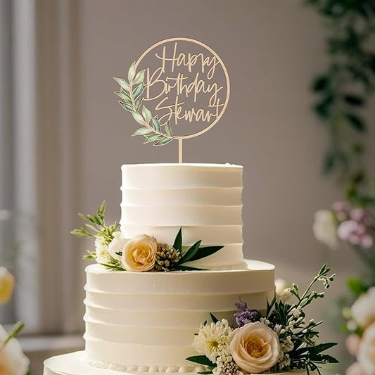 Birthday Cake Topper Custom Name with Green Leaves Wooden Personalized Happy Birthday Cake Decoration Party Topper Design 03