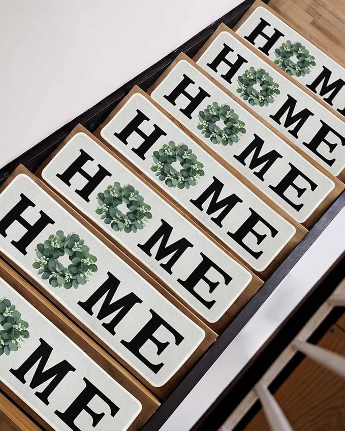 7 Pack Stair Treads for Wooden Steps, Home Green Eucalyptus Leaves Garland Non-Slip Carpet Mat Washable Step Tread Rugs Self Adhesive Pads, Retro Linen Indoor Stair Runner for Elders,Pets,8x30IN
