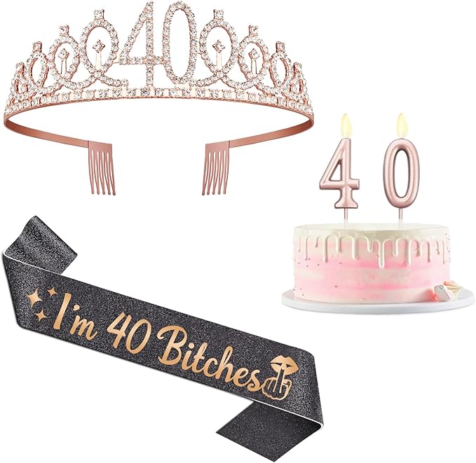 40th Birthday Decoration for Women with I'm 40 Bitches Sash, Rose Gold Tiara, Rose Gold Numbers 40 Candles, Sincere 40th Birthday Gifts for Women