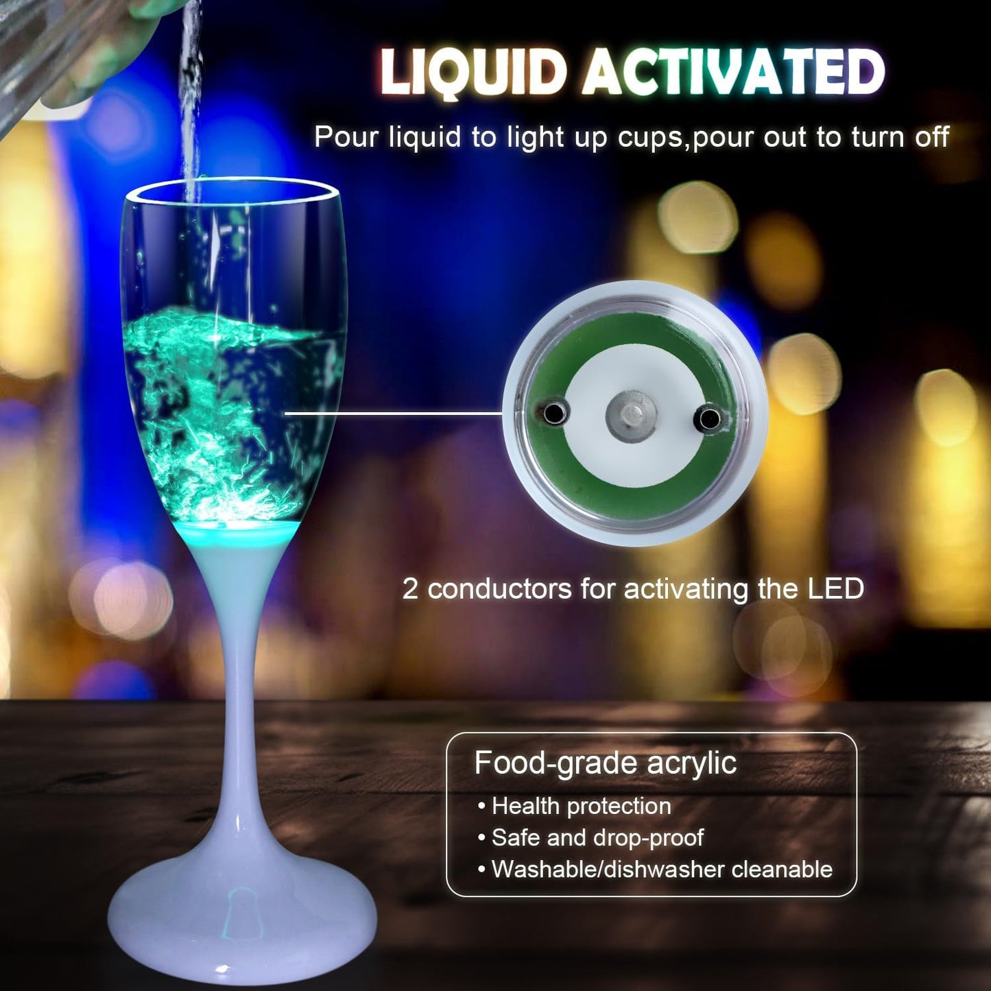 LED Light Up Cups Wine Champagne Flutes Set of 6 Party Favors Adults, Colored Plastic Champagne Flutes Drinking Glasses Glow in the Dark Colorful Glowing Cups for Birthday Christmas Halloween Weddings