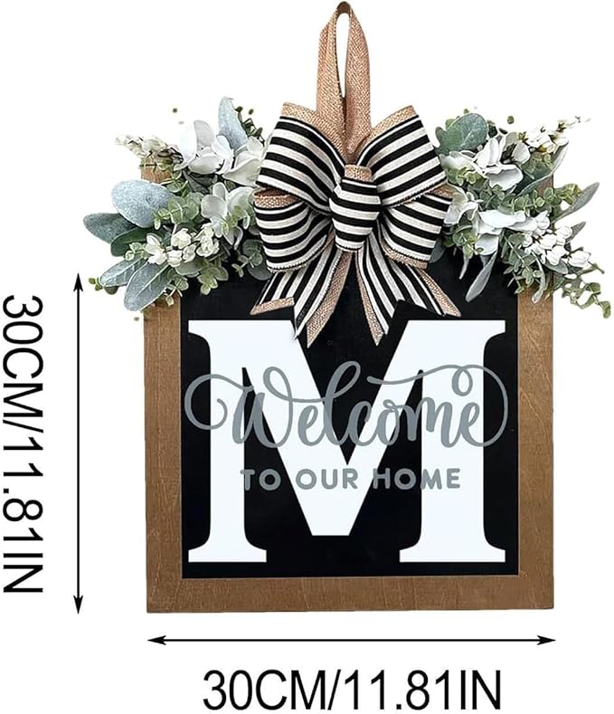 Last Name All Year Round Front Door Wreath with 26 Initial Letter Welcome Sign All Seasons Eucalyptus Garland and Bow ，Farmhouse, Porch, for Spring Summer Fall All Seasons Holiday Halloween Christmas. (M)