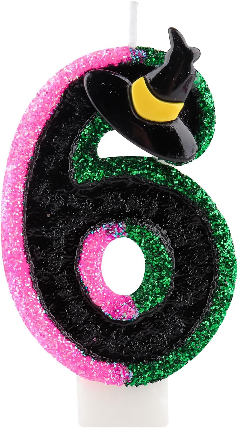 Pink Green Birthday Number 6 Candles for Cake, Pink Green Black Party Decorations, Witch Birthday Decorations for Girls