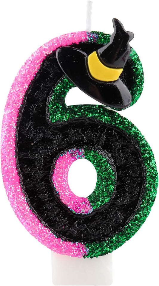 Pink Green Birthday Number 6 Candles for Cake, Pink Green Black Party Decorations, Witch Birthday Decorations for Girls