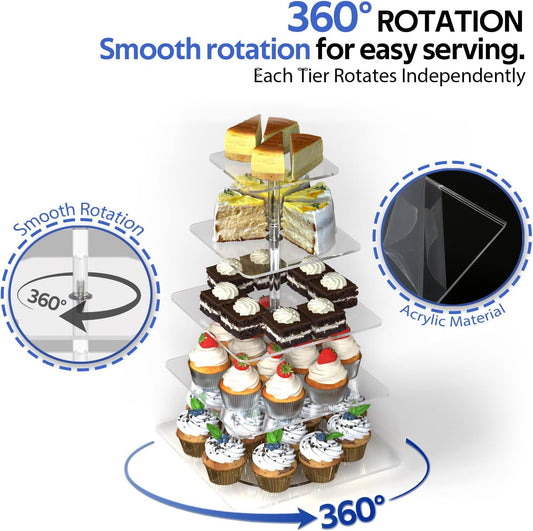 5-Tier Rotating Cupcake Stand, Clear Acrylic 360° Spinning Dessert Display Tower for Cakes & Pastries, Serving Stand for Weddings, Birthdays, Parties - Square