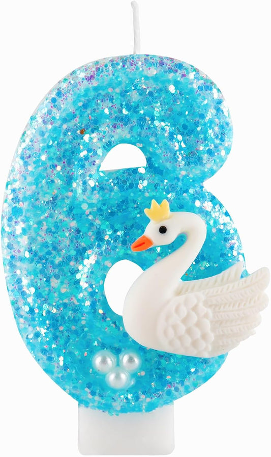 Girls Glitter 6 Birthday Number Candles, Blue Lake White Pearls Swan Number Birthday Candles for Girls Women Birthday Cakes Swan Themed Birthday Decorations Party Favors Number 6 Candle Cake Topper
