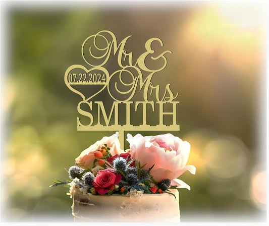 Mr and Mrs Cake Topper for wedding, Last name and date topper, Personalized cake topper, rustic toppers for cake, Wooden Bride & Groom Mr Mrs Heart Customized Wedding topper