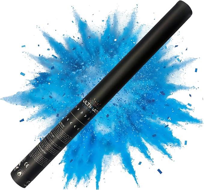 Ultimate Confetti – Handheld Gender Reveal Powder + Confetti Cannon 24” Blue – Non-Toxic Food-Grade Powder Cannon – Pre-Filled, Leak-Resistant Single-Use Cannon– 15–25 ft Outdoor Photo-Ready Explosion