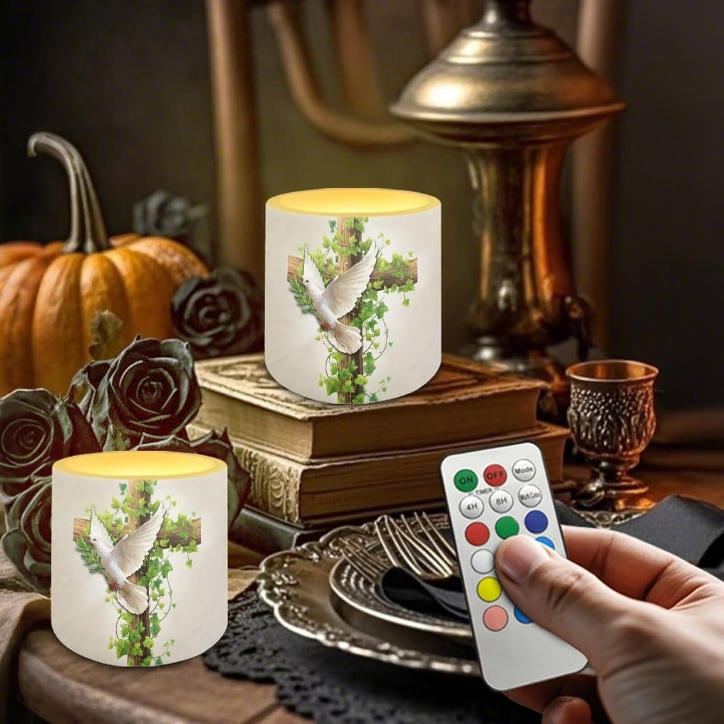Poceacles 4 Pack Flickering Flameless LED Candles with Remote Timer, 3 AAA Batteries Operated (Not Include), Colorful Flame Effect Realistic LED Lights Home Decor, Cross Dove of Peace Retro