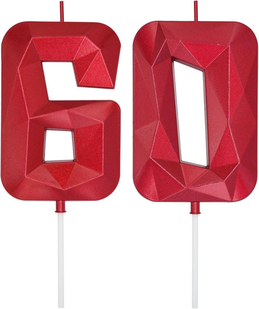 DERVENTA Large Birthday Candle Number 3D Red 3.7 inch Party Celebration Anniversary Decoration Cake Topper 1 Piece (Number 60 Red)