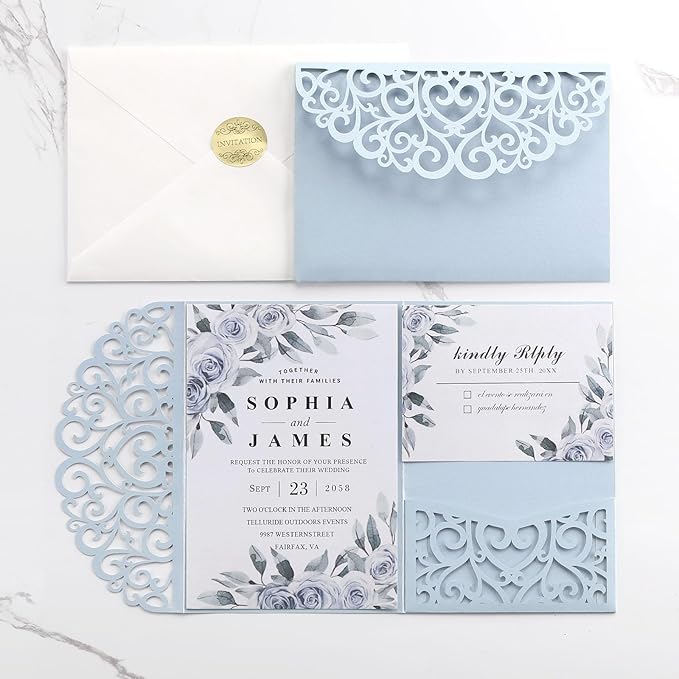 Wedding Invitations with Envelopes and RSVP Cards, Light Blue Laser Cut Invitation Pocket Blank Invitations with Envelopes and Stickers, Bridal Shower Card Birthday Party Invites Custom 50 PCS