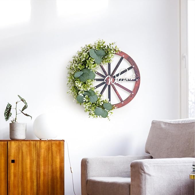 Eucalyptus Leaves Wreath,Wooden Wheel Wreath Artificial Wreath Wheel Garland Door Hanging Spring Summer Green Leaves Wreath with Welcome Sign for Farmhouse Home Indoor Outdoor Decor