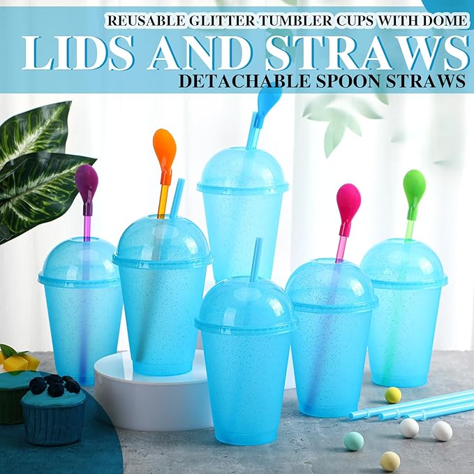 6 Set Slushie Cups with Dome Lids and Straws Detachable Spoon Straws Reusable Plastic Iced Coffee Cups Smoothie Tumbler for Birthdays Summer Party Supplies(Pastel Blue,16 oz)